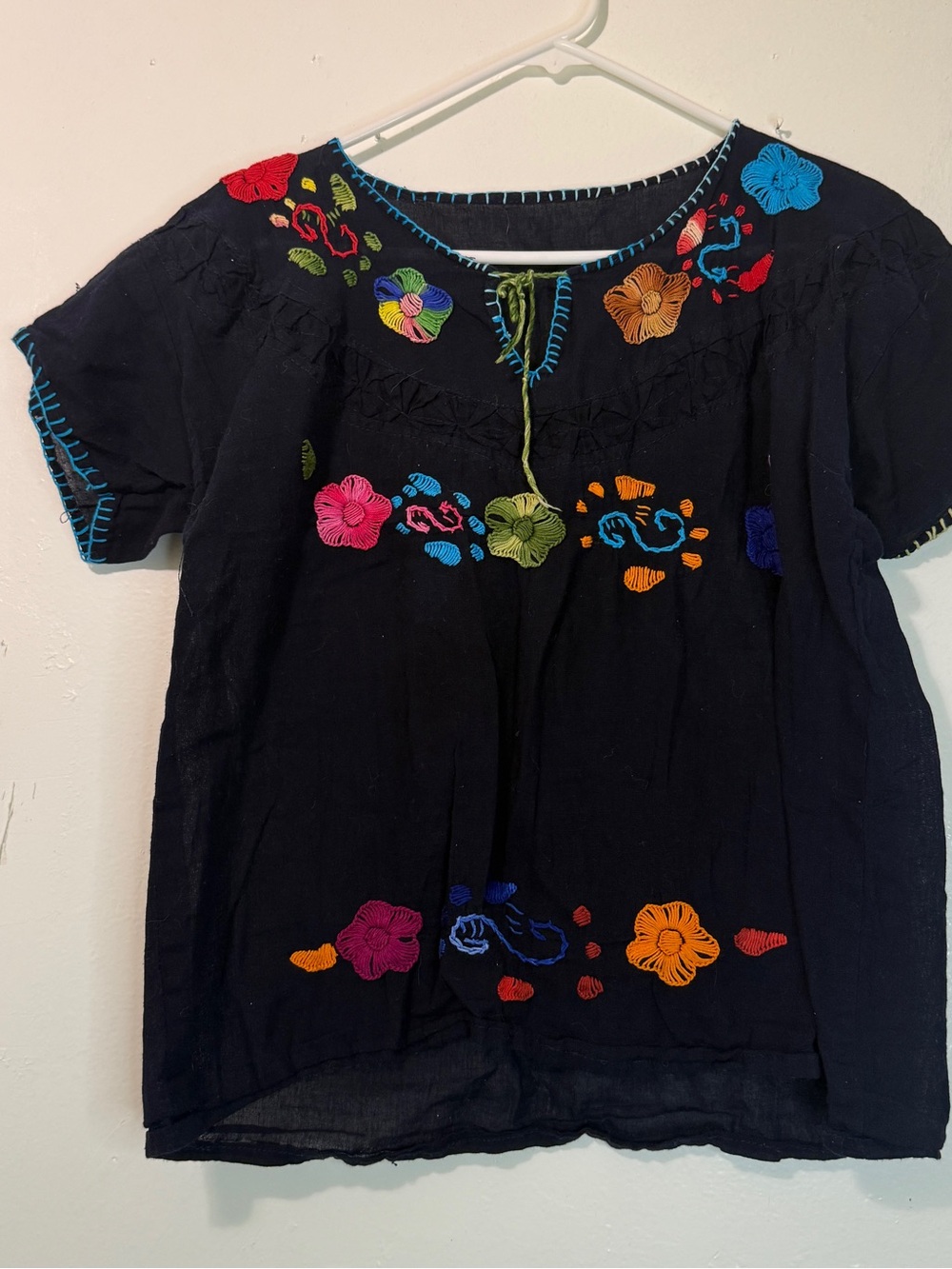Vintage Mexican Embroidered Floral Blouse Black Cotton Boho Top